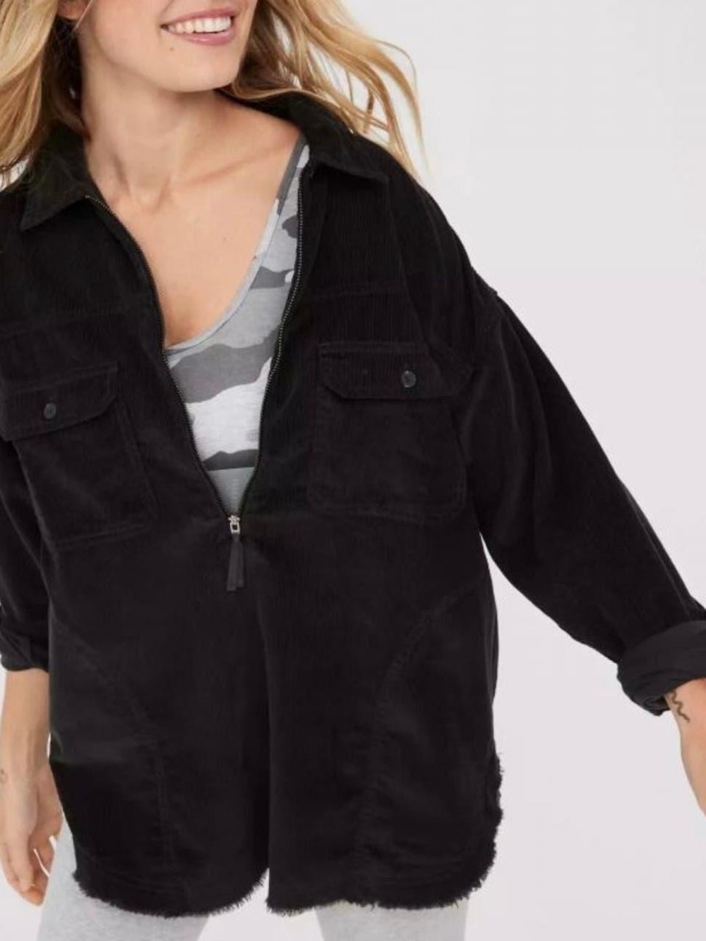 aerie Black Corduroy Half-Zip Utility Jacket